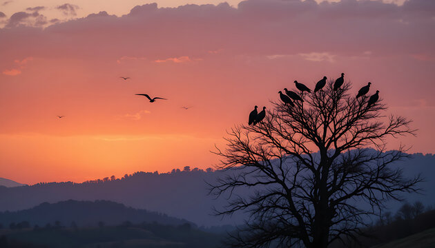Turkey vultures perch on a silhouetted tree against a vibrant sunset in the mountains