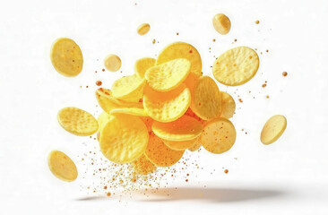 Dynamic splash of golden crispy potato chips floating in the air, highlighted on a white background