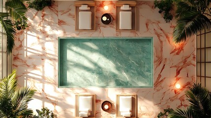 Exotic Relaxation: A Marble Bathtub Oasis Adorned with Tropical Foliage and Warm Light