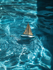 Fototapeta premium Toy sailboat in a sunlit swimming pool with ripples.