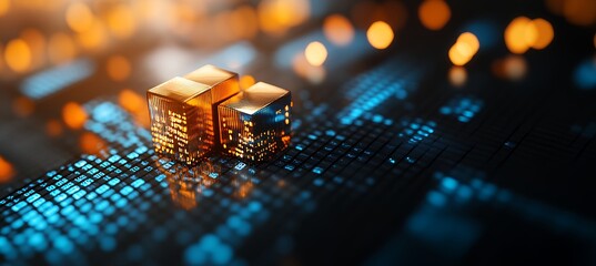 Abstract digital cityscapes built from glowing data cubes on a futuristic technological background