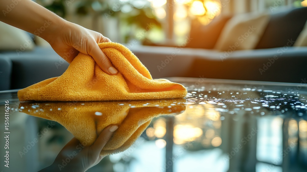Poster hand wipes a glass table with a yellow cloth while sunlight streams through windows.
