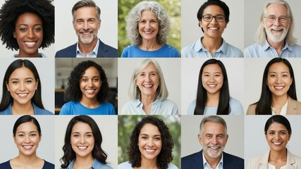 Variety of video portraits composite of mixed age range and occupations all facing the camera smiling - Video collage of diverse people - Powered by Adobe