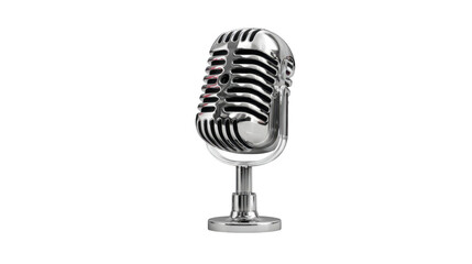 Fototapeta premium Classic chrome microphone on transparent background symbolizes communication, broadcasting, journalism, music recording, and podcasting, evoking nostalgia and vintage audio technology