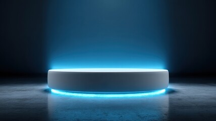 Illuminated Display Platform. A sleek, glowing circular podium in a dark setting.