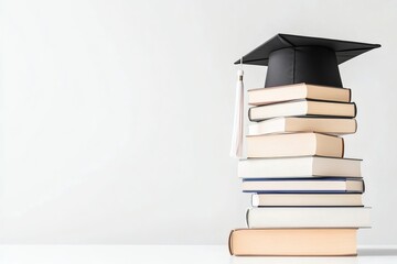 Stack of books and Graduation cap on white background
