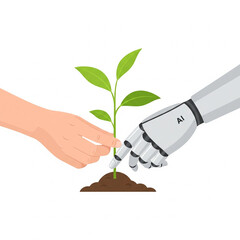 AI and Human Hands Planting Sapling Together on White Background