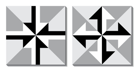 Black and white top view pyramid iconic symbol, mono-colored inward arrow in a square layout.