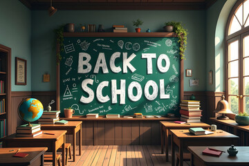 Back to school chalkboard in a classic classroom setting with desks and books