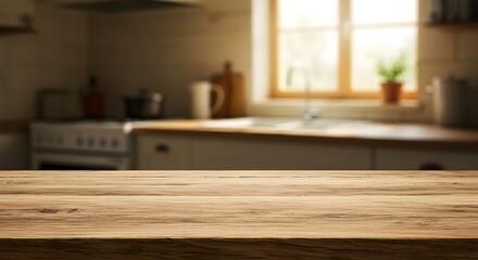 Fototapeta premium rustic wooden table background with warm natural lighting, subtle kitchen elements 6