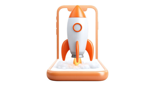 3d rocket is launching from a smartphone screen, symbolizing app success, product led growth, and mobile innovation, against a transparent background