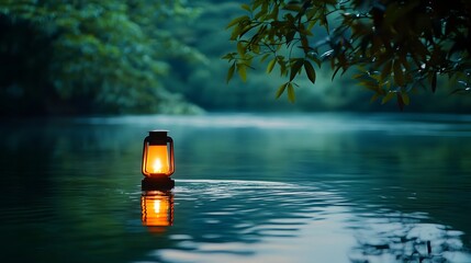 A single lantern floating on a quiet river
