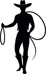 Rodeo cowboy riding horse silhouette, Western lasso action graphic, Horseback rider with rope illustration