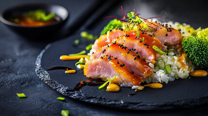 Seared tuna sashimi on rice with broccoli, drizzled with sauce and sesame seeds.