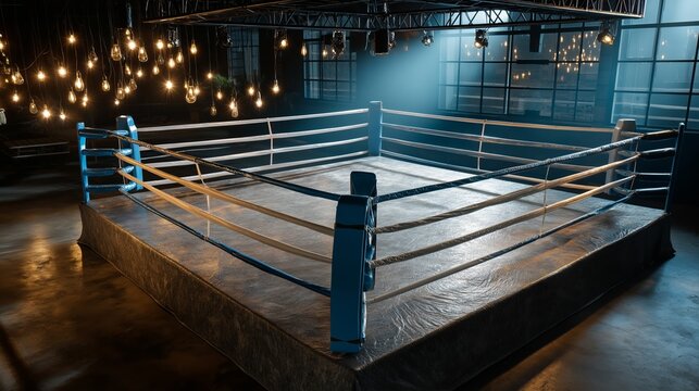 Top down view of an empty boxing ring under a spotlight on dark room. - Powered by Adobe