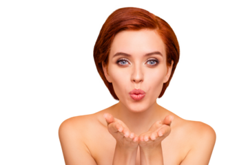 Close-up portrait of nice cute winsome sweet lovely attractive well-groomed healthy stylish cheerful girl sending you air kiss isolated over beige pastel background