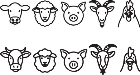 Farm Animals Icon Set Cow Sheep Pig Goat and Chicken Isolated on Transparent Background