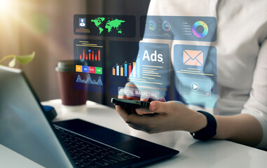 Digital marketing concept.Ads dashboard screen digital.Digital marketing concept.Online advertising ,digital marketing and ad on internet to targeted customers.	
