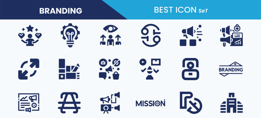Branding best icon set collection. Company, promotion, innovation, identity, rebranding, color scheme, marketing and vector illustration.
