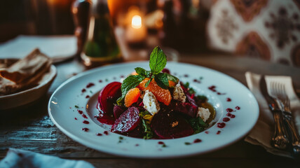 Gourmet beetroot, blood orange and feta salad on rustic table setting.