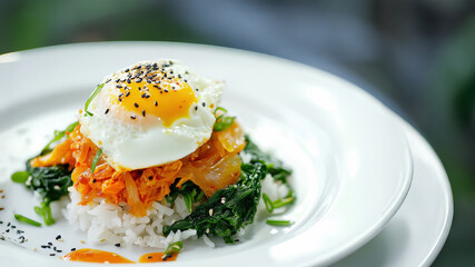A beautifully plated dish featuring fragrant basmati rice as the base, topped with vibrant kimchi and a perfectly poached egg with a runny yolk.