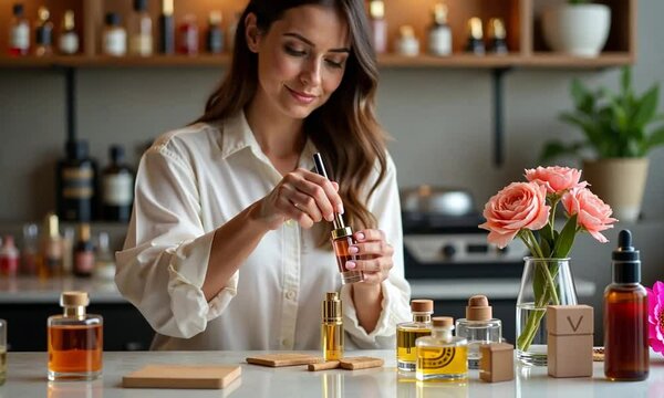 Woman Perfumer Mixing Fragrances in Chic Lab Surrounded by Bottles and Flowers, High-End Artisanal Scent Crafting

