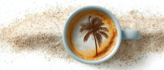top view of summer coffee / cappuccino cup with palm tree made of cinnamon; unique bright beach sand frame decor; copy space