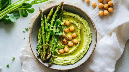 Delicious asparagus and chickpea hummus with fresh microgreens.