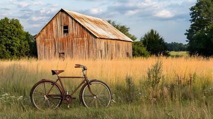 A rusted bicycle leaning against a barn in a deserted farm
