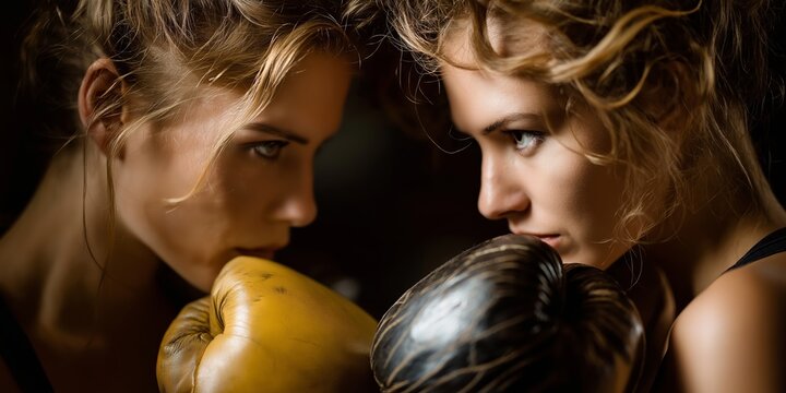 Two pro female boxer facing each other ready to fight inside ring.