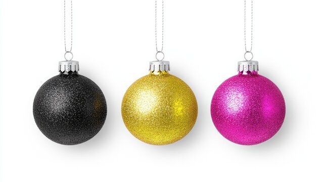 Three Christmas ornaments, black, gold, and pink, hanging from silver strings against a white background.  Each ornament is a sphere with a glittery finish