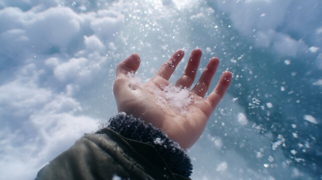 Fototapeta Snowflakes falling from the sky as a hand reaches out to catch them in a winter wonderland