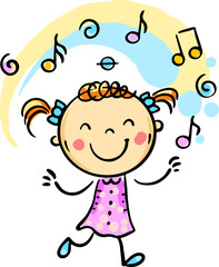Little girl listening to music and dancing. Isolated cartoon kid clipart