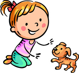 Little girl playing with a dog. Isolated cartoon kid with pet clipart, doodle colorful illustration