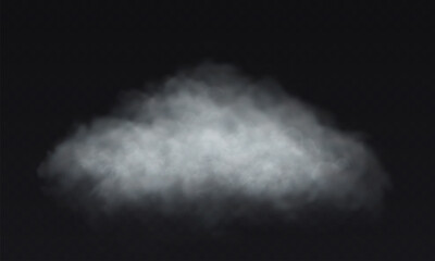 Vector white cloud. Fog smoke effect on transparent dark background.