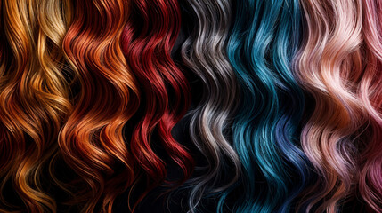 Collection of long wavy hair strands in vibrant blue, teal, pink, blonde, and red shades
