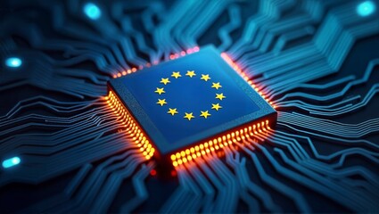 A European-made computer chip with the EU flag, ensuring independence from non-EU microprocessor production - ai generated