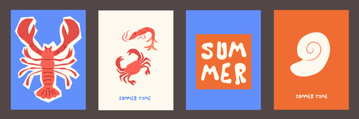 Summer and beach concept poster card set. Modern abstract prints with hand drawn lobster, shrimp, seashells, coral. Summer holiday, sea, surf theme, vacation travel illustrations. vintage wall decor.