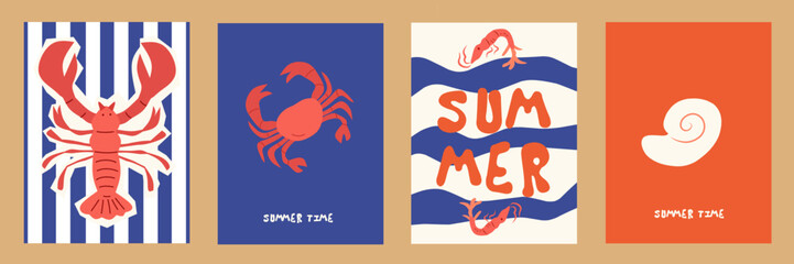 Summer and beach concept poster card set. Modern abstract prints with hand drawn lobster, shrimp, seashells, coral. Summer holiday, sea, surf theme, vacation travel illustrations. vintage wall decor.