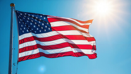 Vibrant and patriotic stock photo of the United States flag waving against a clear blue sky, ideal for 4th of July marketing and promotional materials.