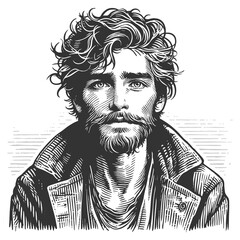 young homeless man with messy hair and a beard, wearing a worn coat and looking solemnly ahead sketch engraving generative ai raster illustration. Scratch board imitation. Black and white image.