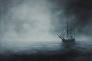Fototapeta premium oil painting-style image in black and gray tones. The scene depicts a misty, fog-covered ocean under a moody sky. In the hazy distance, a ghostly pirate ship with tattered sails emerges from the fog