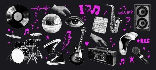 Trendy halftone music retro elements set. Vinyl record, mouth with microphone, eyes, chain, drums, sneakers, chain. Grunge punk dotted texture. Vector illustration. © Olgadesigner