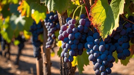 Naklejka premium vineyard brimming with ripe, luscious grapes ready for harvest. The grapes are a deep, inviting color, hanging heavy on the vines under the warm sun