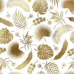 Abstract gold palm leaves seamless pattern. Vector luxury tropical jungle texture. Abstract golden palm leaf silhouettes summer print on white background for exotic wrapping, backdrop, decor, cover.