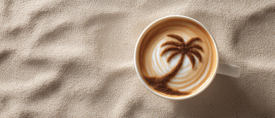 top view of summer coffee / cappuccino cup with palm tree made of cinnamon; wavy bright beige beach sand as a background; copy space