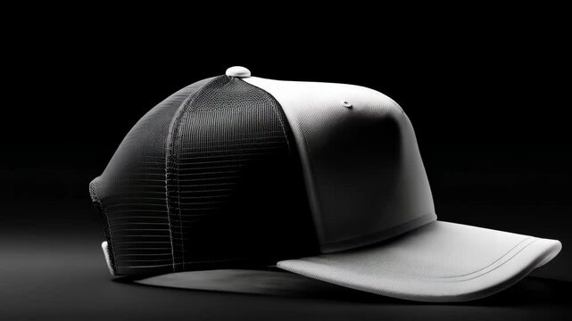 Blank trucker style baseball cap with a white front panel and black mesh back, positioned on a solid black background showcasing modern design for customizable branding