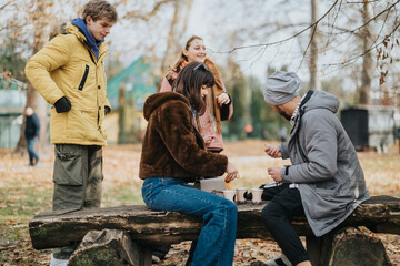A group of friends share good times and camaraderie in a scenic outdoor setting, enjoying the beautiful autumn weather while drinking tea around a rustic wooden bench.