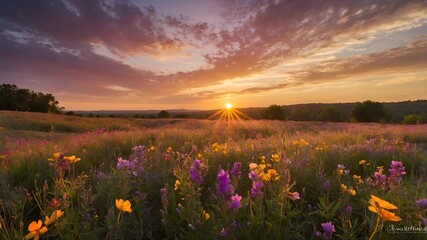 Obraz premium a picturesque meadow blooming under the radiant sunset. Wildflowers in vibrant colors fill the foreground, and the sun's golden rays cast a warm glow over the landscape