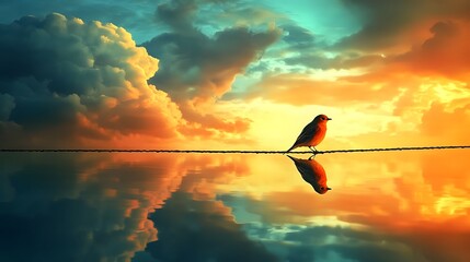 A bird perched alone on a wire against a dramatic sky